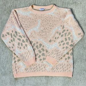 Vintage 80s Cat / Cheetah Print Pastel Pink Sweater by Arielle